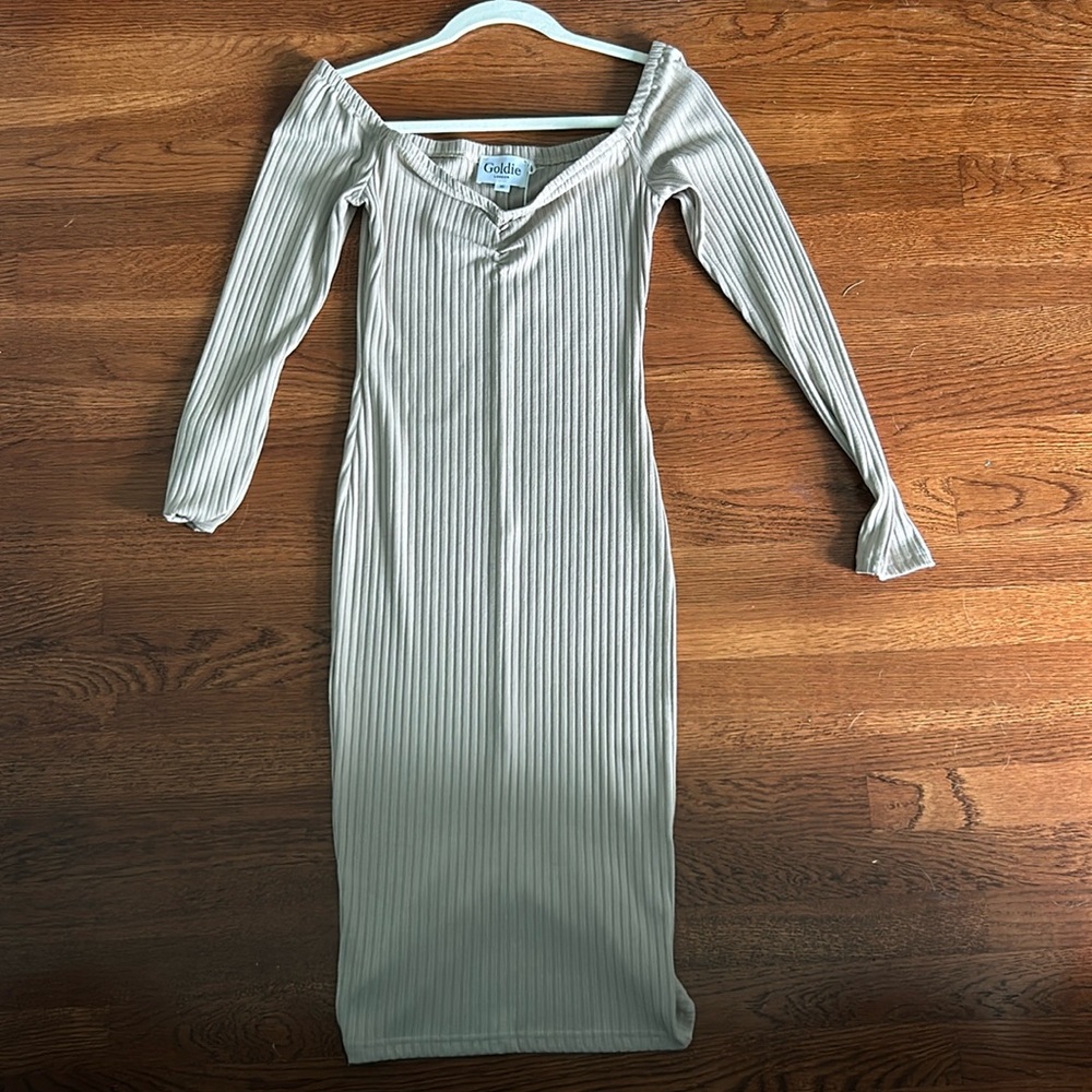 Goldie Bodycon Ribbed Tan Midi Dress